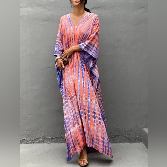Pink Lavender Tie Dye Hippie Kaftan Long Loose Maxi V Dress Bohemian Dyed Caftan - Picture 2 of 8